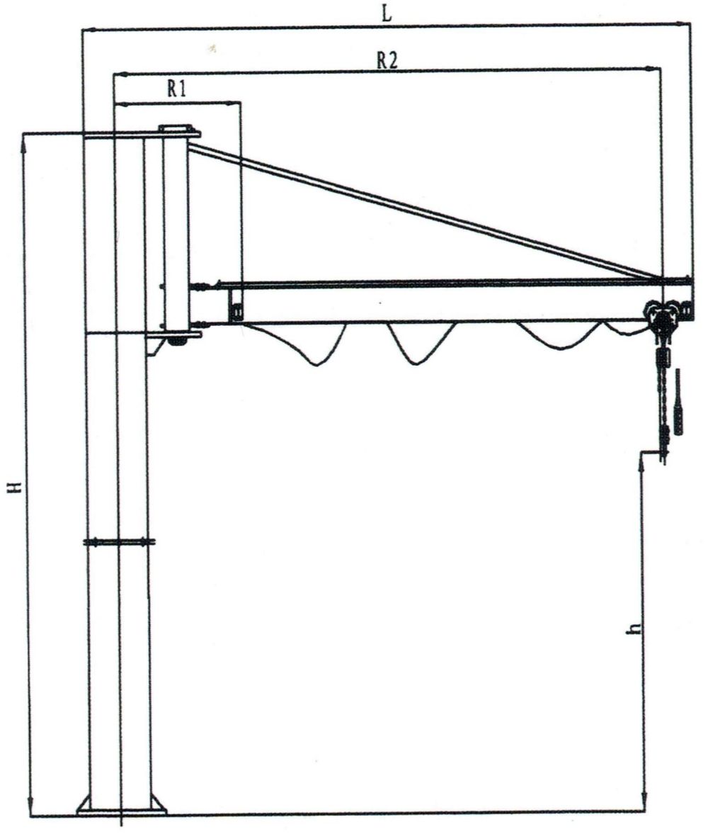BZN型內(nèi)掛式旋臂起重機外形尺寸圖